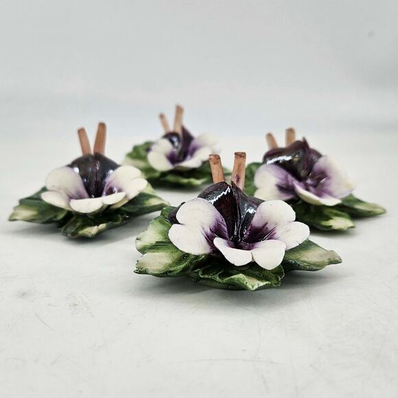 Set of 4 Italian Capodimonte Porcelain pansy pansies Placecard Holders - Picture 1 of 4
